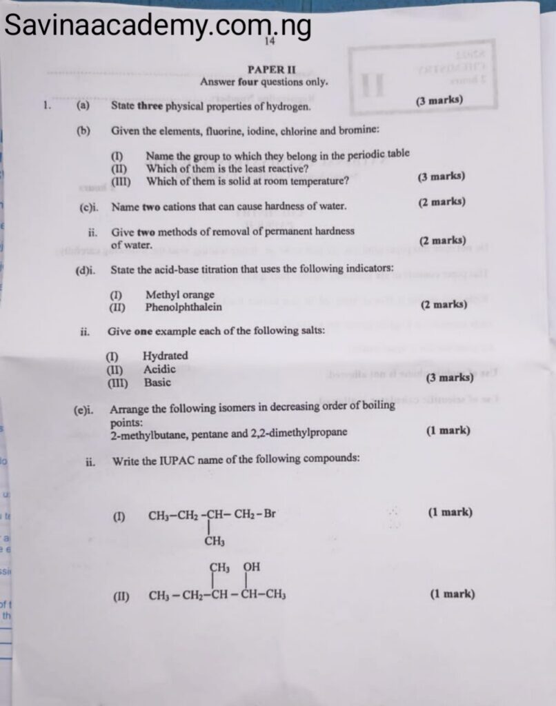 waec chemistry past questions
